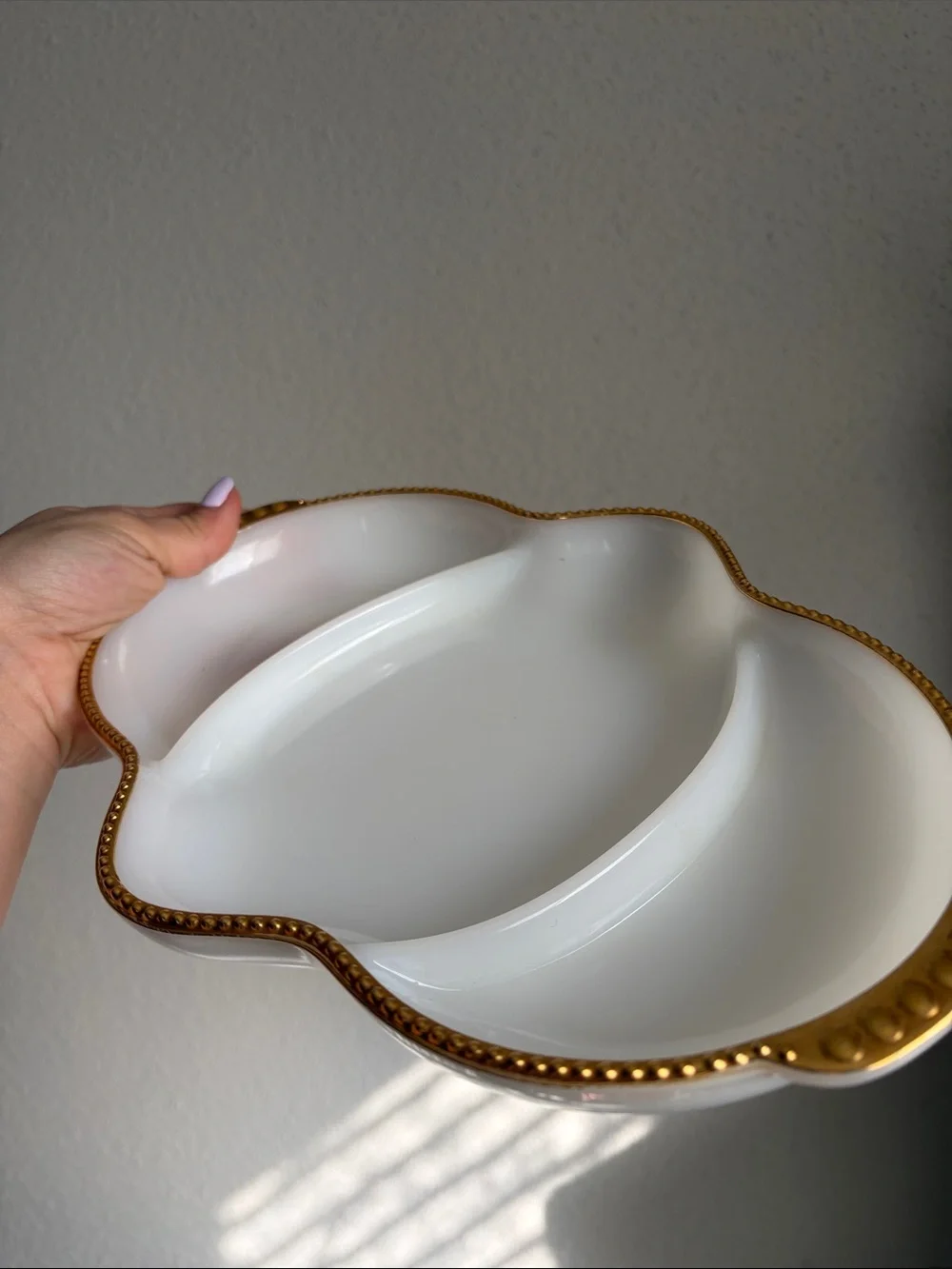 Fire King Vintage Milk Glass Divided Serving Relish Dish with 22k Gold Trin